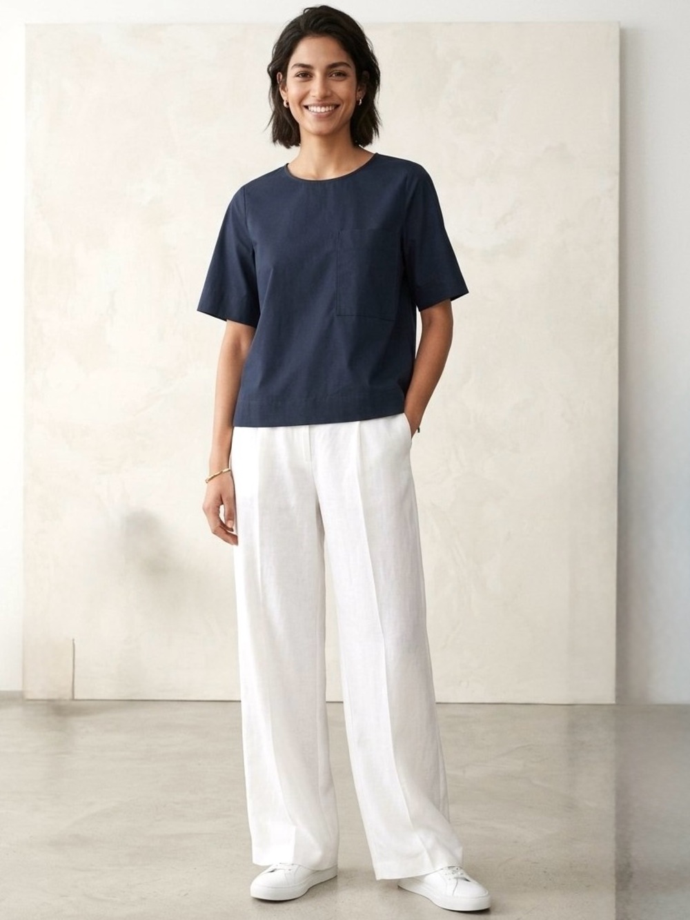 COS Single Patch Pocket Round Neck Short Sleeve Top Blouse, Navy Blue, Size XS